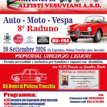 Pollena Trocchia. Domenica mattina motori protagonisti a Pollena Trocchia con l’ottava edizione del Raduno di Auto, moto e Vespa, che ospiterà anche il Memorial Liguori